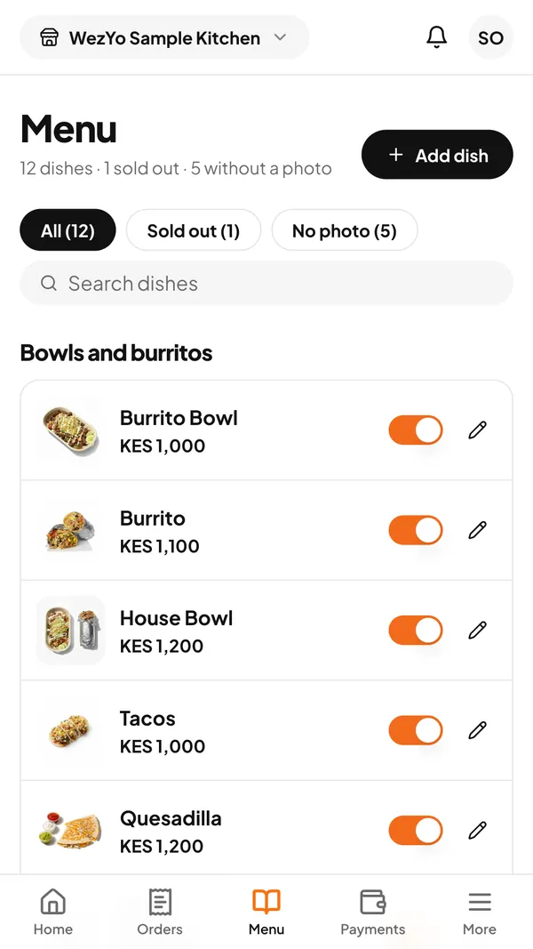 WezYoManager menu editor: dishes with prices, sold-out switches and an Add dish button