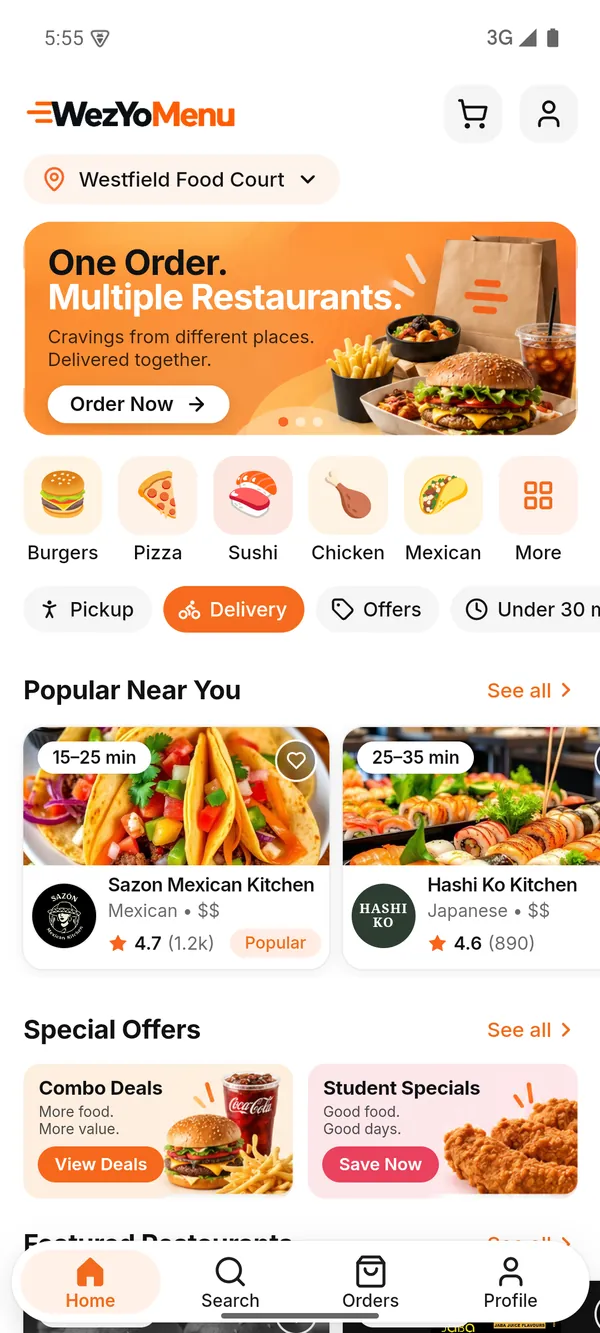 WezYoMenu home screen: food categories, popular restaurants nearby and special offers