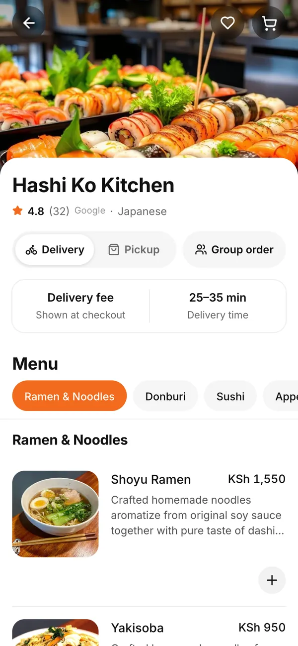 A restaurant page in WezYoMenu with Delivery, Pickup and Group order options above the menu