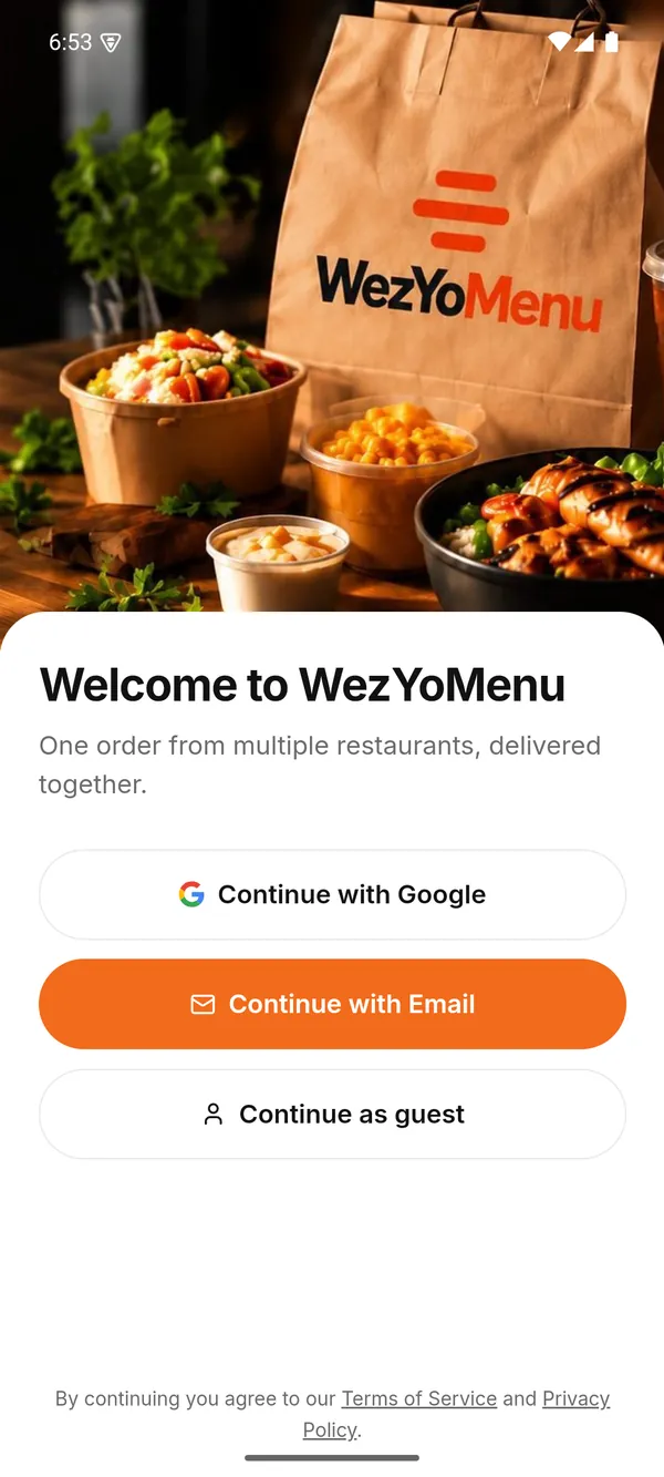 WezYoMenu welcome screen with a WezYoMenu delivery bag and sign-in options, including Continue as guest