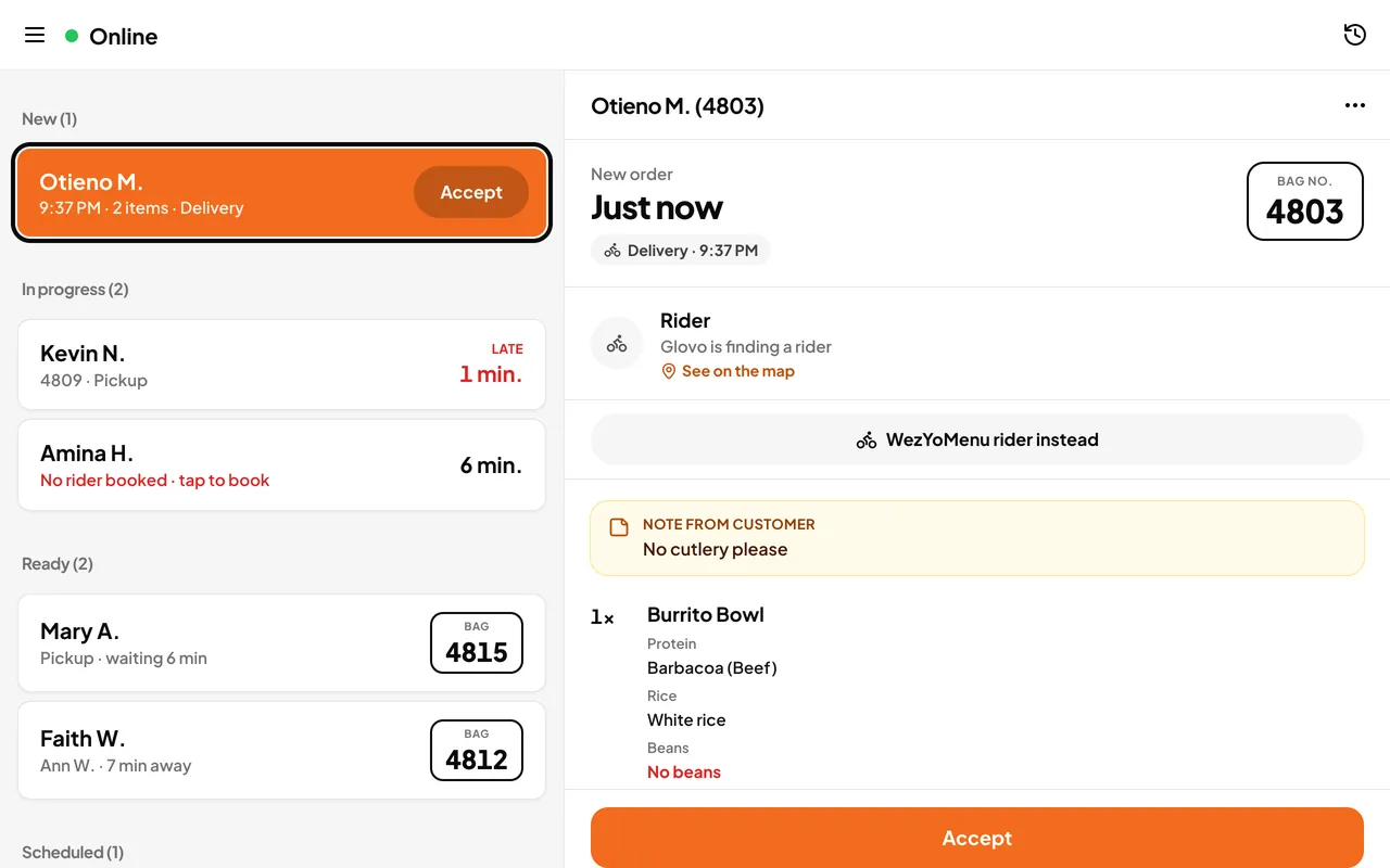 WezYoOrders on a tablet: new, in-progress and ready orders beside the details of a new order