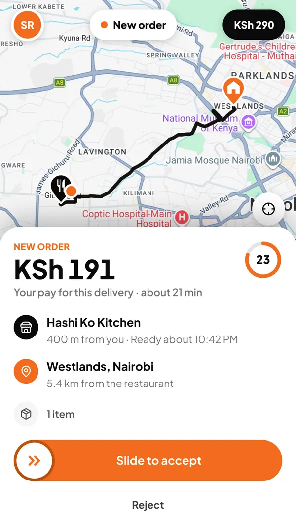WezYoRider: a new delivery offer on a map of Nairobi, with the restaurant, the drop-off area and the rider's pay