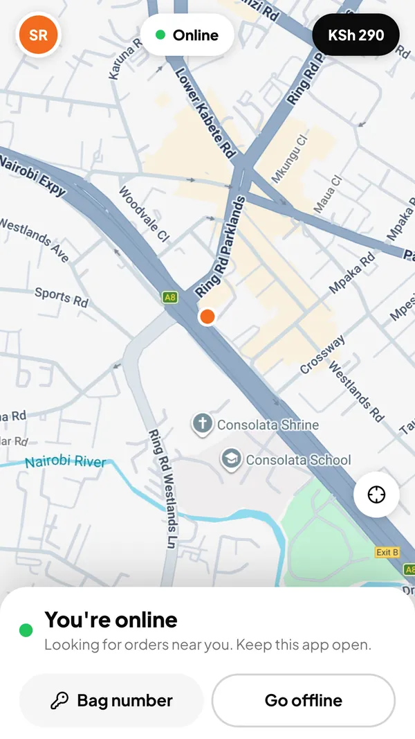 WezYoRider: a rider online and waiting for orders, on a map of Nairobi